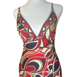 Michael Korhs Red, White & Blue Geometric Psychedelic One Piece Swimsuit Size 10